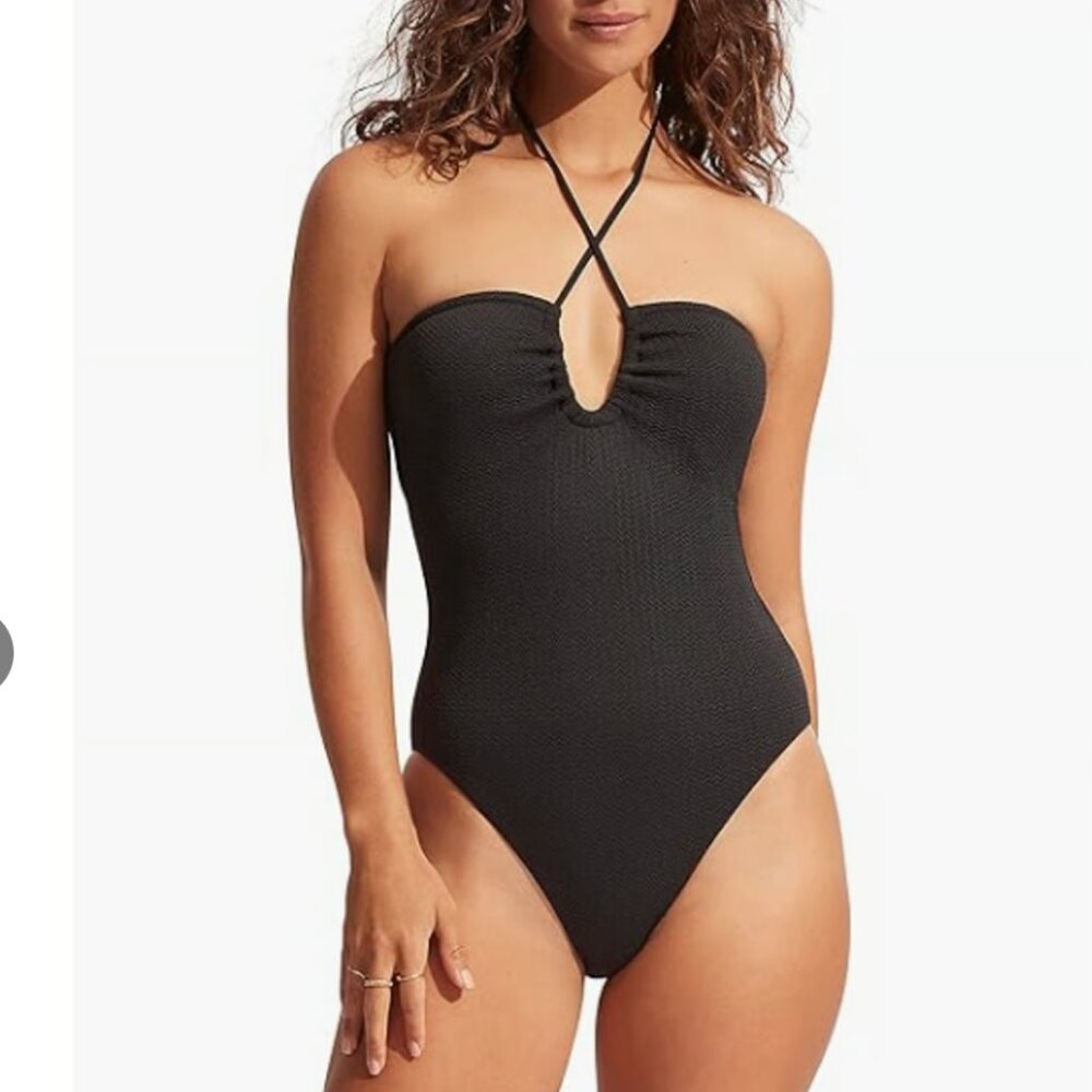 SEAFOLLY Sea Dive Halter Bandeau One Piece Swimsuit Black Vacation Beach Size 12